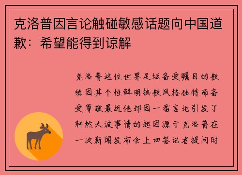 克洛普因言论触碰敏感话题向中国道歉：希望能得到谅解